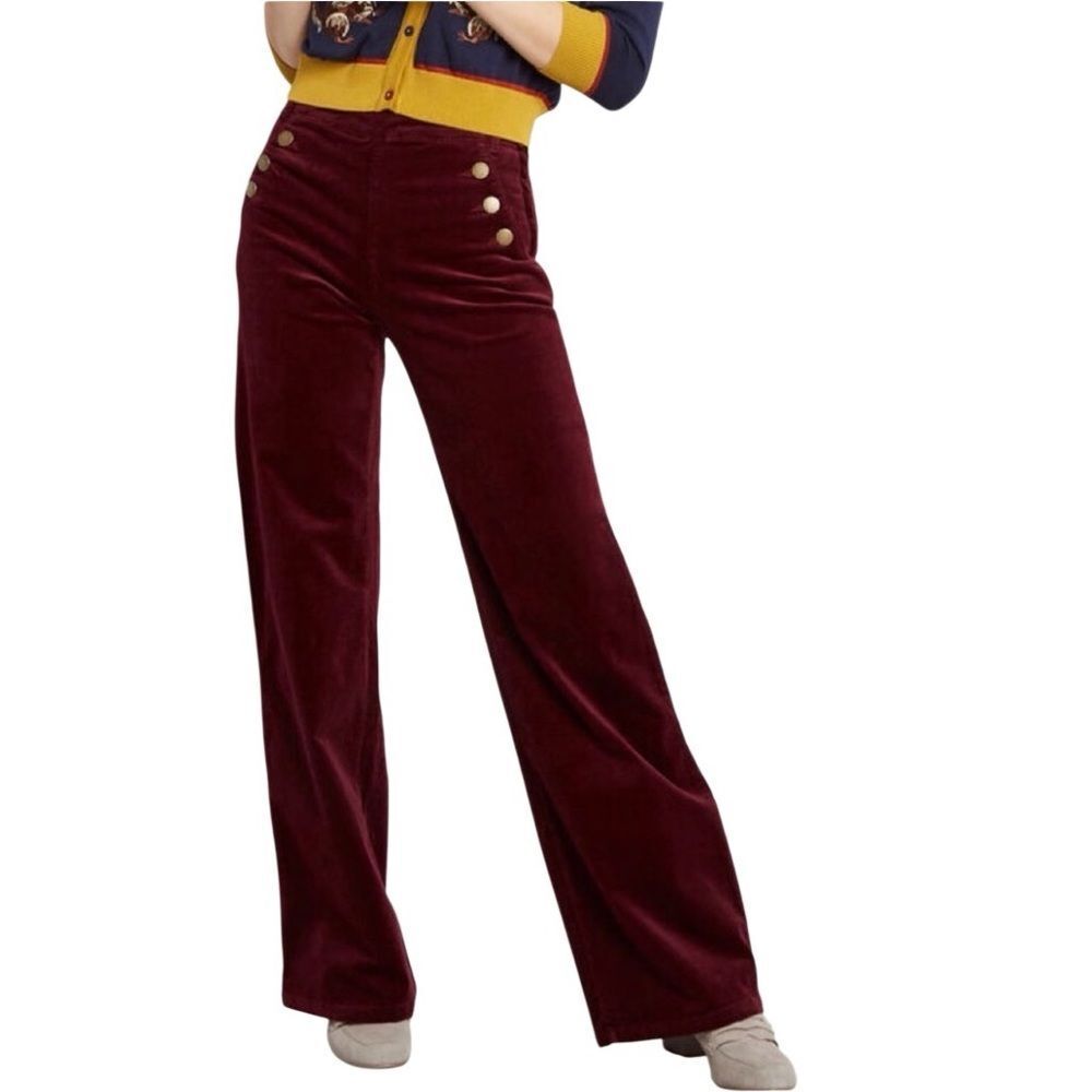 Modcloth Corduroy Wide Leg Pant Burgundy High Rise Nautical Gold Sailor Button L